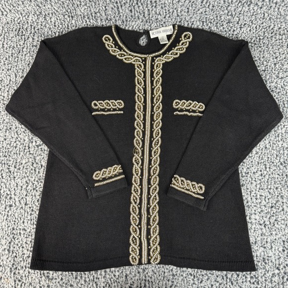 Victoria Harbour Vintage Sweater Black Knit Pullover Beige Gold Bead Design Sz L - Picture 1 of 16
